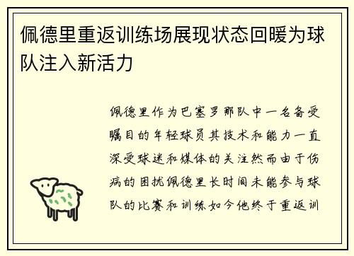 佩德里重返训练场展现状态回暖为球队注入新活力