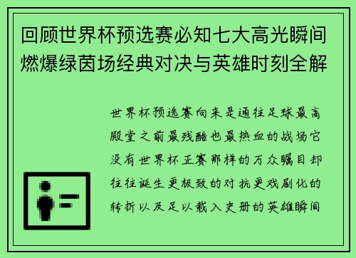 回顾世界杯预选赛必知七大高光瞬间燃爆绿茵场经典对决与英雄时刻全解析 回顾世界杯预选赛必知七大高光瞬间燃爆绿茵场经典对决与英雄时刻全解析