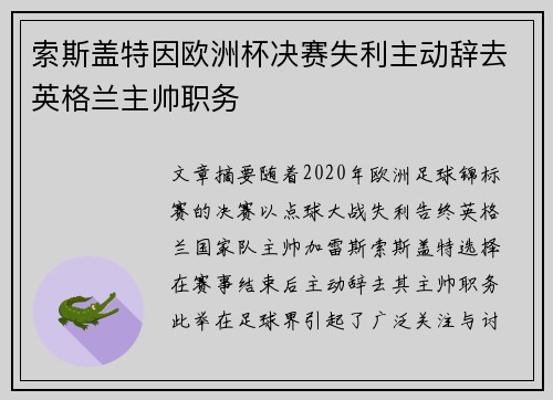 索斯盖特因欧洲杯决赛失利主动辞去英格兰主帅职务